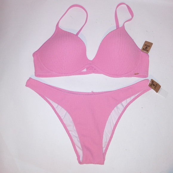 Victoria Secret PINK Swim Bikini Top & Bottom XL Pink Ribbed Push Up Solid New - Picture 1 of 9